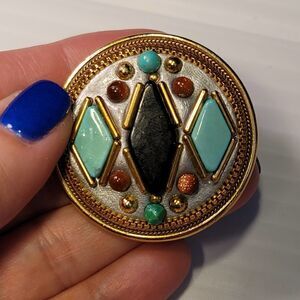 Vintage Michal Golan Clip On Statement Earrings Multi Color Stone Silver Gold